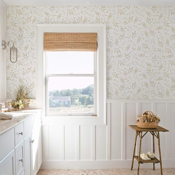 Ismoon Floral Wallpaper Peel and Stick Beige Neutral Contact Paper Wildflowers Leaf Stick on Wall Paper Textured Removable Self Adhesive Vinyl Wallpaper for Bedroom Bahtroom Wall Decor 17.3x196in - Image 8