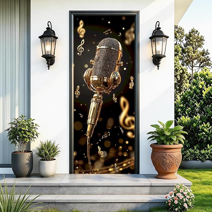 Peel and Stick Door Wallpaper 30.31 x 78.74 Inch Vintage Microphone Music Notes Decorative Door Cover for Music Room by Cmialusie