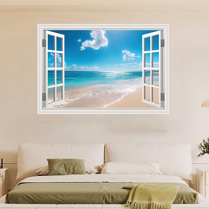 Fake Window Poster Wall Art Sticker - Summer Beach Faux Window Wall Mural for Wall Decor, Stick and Peel Wall Decals, 24" x 16" - Image 5