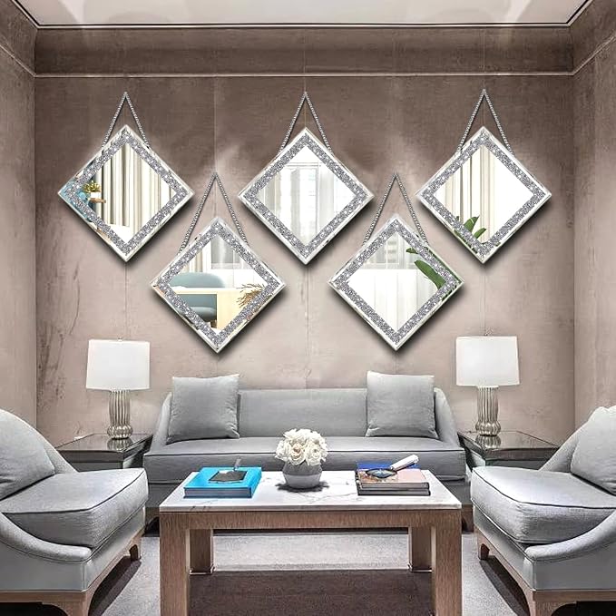 2 Piece Wall Mirrors, Crush Diamond Mirrors Decor, Silver Decorative for Living Room Bedroom, Bathroom. (12”x12”) - Image 6