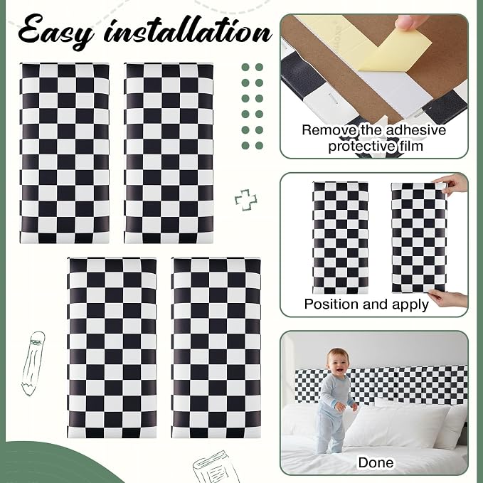 Hahafelt 4 Pack Wall Padding for Playroom Peel and Stick Headboard 15.75" x 7.87" x 1.18" 3D Anti Collision Upholstered Wall Panels Self Adhesive Headboard Panel for Protection (Black White Checkered) - Image 4