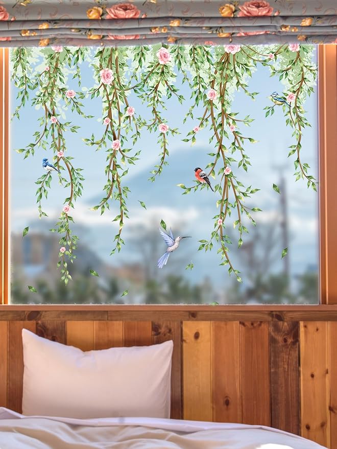 Hanging Vine Wall Stickers - Bird Green Leaves Flowers Decal Peel and Stick Removable Wall Art for Bedroom Living Room Nursery Window Glass Home Decor,30.5 cm x 50.5 cm - Image 5