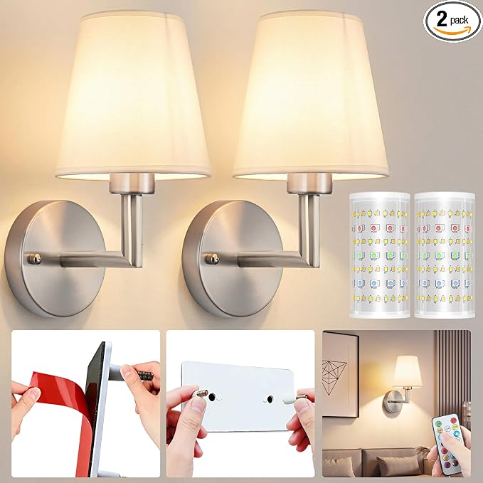 Nekhung Battery Operated Wall Sconce, Peel and Stick Sconces Set of 2 | Wireless Adhesive Stick On Wall Sconce, 10000mAh Rechargeable RGB Bulb with Remote, No Drill Wall Light for Bedroom Decor by Nekhung