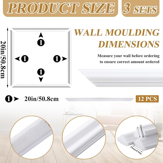 Colingmill Accent Wall Molding Kit Premade Panel,3set,20x20in | Wainscoting Panels, Peel and Stick, Wall Moulding, 3D, White, Pre Cut Picture Frame Trim, for Walls Home Decoration - Image 2