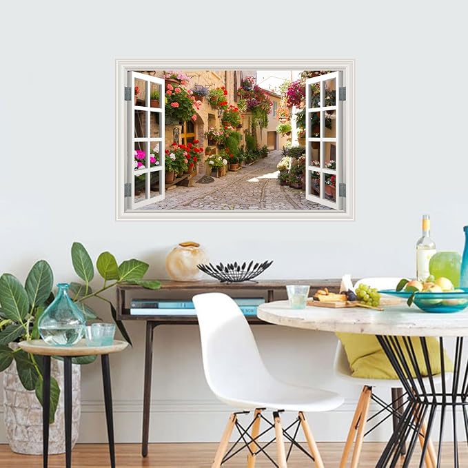 Fake Window Wall Decals Spring Italy Rose Alley Flower Wall Art Sticker | ｜Faux Window Natural Scenery Landscape Mural ｜ Stick and Peel Wall Decal｜Room Bedroom Office﻿ Decor｜48"x32",Set of 2 Sheets - Image 6