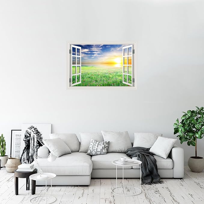 Fake Window Wall Mural Sticker -Summer Green Grassland Open Wall Art Decal | Faux Window Natural Scenery Landscape Decorations｜Stick and Peel Wall Decals｜Room Bedroom Office Decor｜48"x32",Set of 2 Sheet - Image 4