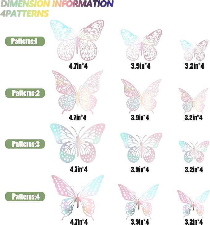 SAOROPEB 3D Butterfly Wall Decor 48 Pcs Laser Pink Butterfly Decorations | 4 Styles 3 Sizes, Birthday Decorations Butterfly Party Decorations Cake Decorations, Removable Stickers - Image 6