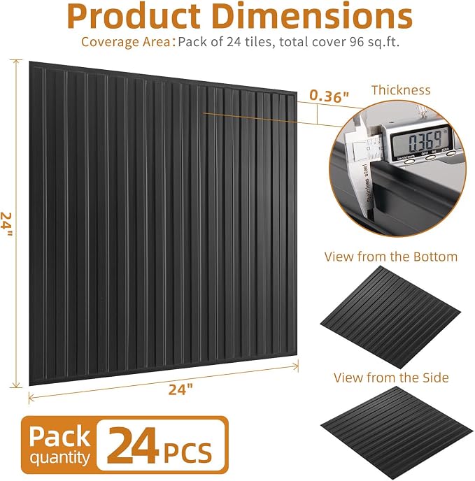 WOWSTAR 24-Pack 24"x24" Drop Ceiling Tiles, Waterproof Glue up PVC Ceiling Panels, Modern Style 3D Slat Wall Panels, Black - Image 5