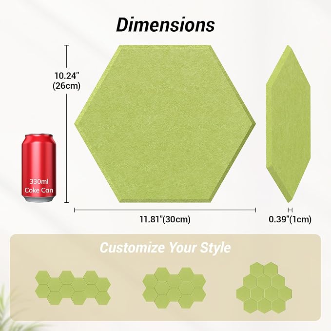 12 Pack High Density Hexagon Acoustic Panels, TONOR 12"x 10"x 0.4" Soundproof Wall Panels, Sound Absorbing Panels for Interior Wall Décor, Peel and Stick Modern for Studio, Office, Home, Green - Image 4