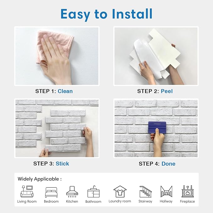 COMSTICKC 3D Faux White Brick Wall Panels Peel and Stick Wall Stickers | 10 Pcs of 11.8" x 11.8", with Gray Spots Design, Small Size Thin PVC Fake Brick Adhesive Wall Covering Backsplash Decor - Image 8
