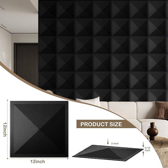 12 Pack 3D Wall Panels for Interior Wall Decor, Accent Wall Panels for Office Living Room Bedroom Hotel Lobby, 12''x12'' PVC Pyramid Wallpapers Cover 12.Sq.Ft（Black） - Image 2