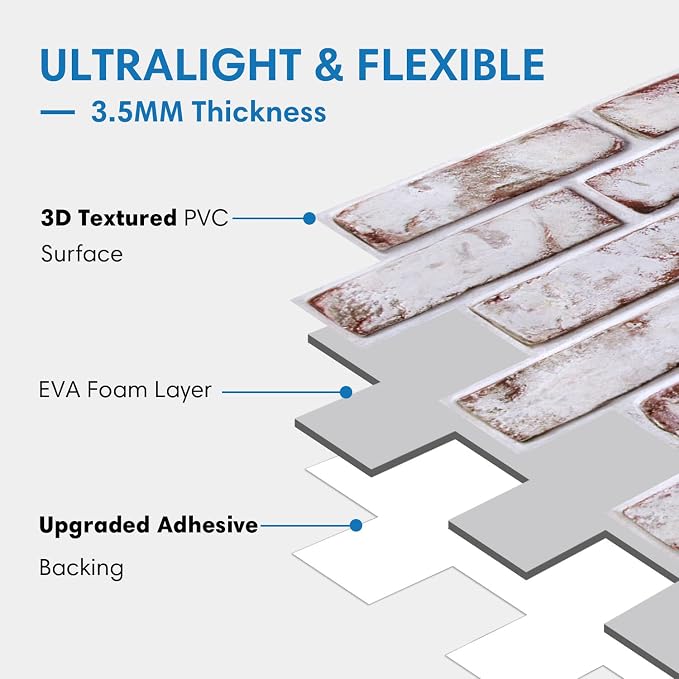 COMSTICKC 3D Faux Brick Wall Panels Peel and Stick Decorative Tiles Sticker | Red-Tinted White, 12 Pcs 22.8" x 11.8", Not Real Brick, Thin PVC Fake Brick Wall Covering for Wall Makeover,Cover 22.48 sq ft - Image 4