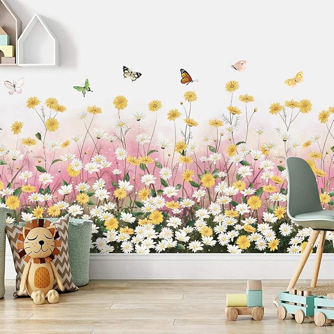 2 Sheets Yellow Daisies Flowers Wall Decals Small Fresh White Chrysanthemum Wall Stickers Pink Gypsophila Wall Art Murals for Baby Kids Girls Bedroom Living Room Corners Skirting Lines Waist Lines - Image 6