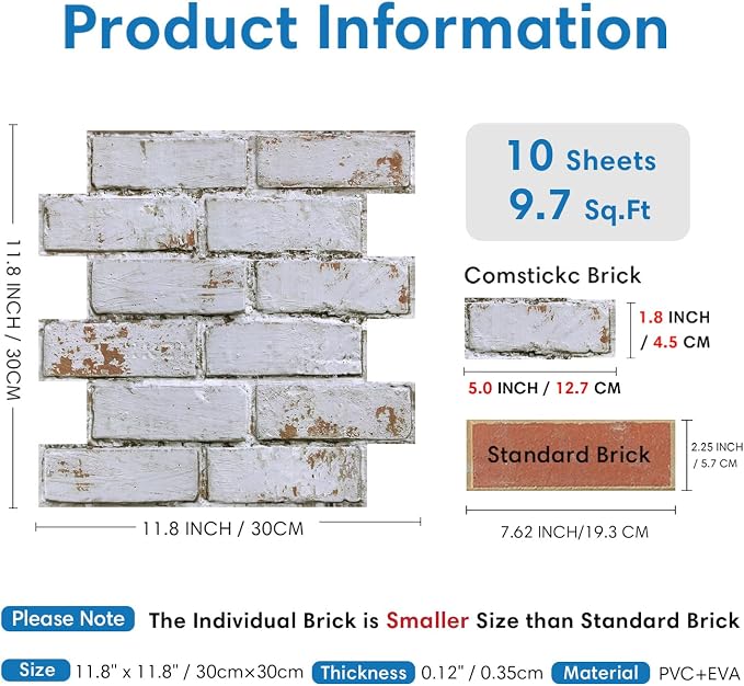 COMSTICKC 3D Faux Brick Wall Panels Peel and Stick, 10 Pcs 11.8" x 11.8" | Retro Whitewash, Not Real Brick, Ultra-Light Thin PVC 3D Fake Brick Wallpaper Decorative Tiles for DIY Interior Decor - Image 3