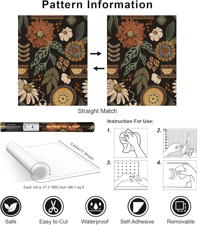 Simon&Siff Boho Floral Peel and Stick Wallpaper 17.3" x 800" | Sun Floral Retro Contact Paper Removable Self Adhesive Contact Paper, Renter Friendly for Cabinets, Furniture, DIY Decor - Image 7