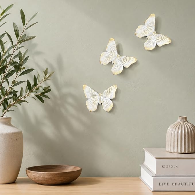 GUSFREUD 3D Butterfly Wall Decor Set – Resin Wall Decor for Living Room, Bedroom, Bathroom, Dining Room, Outdoor and Gallery Walls - Ivory Gold - Set of 3 - Image 7