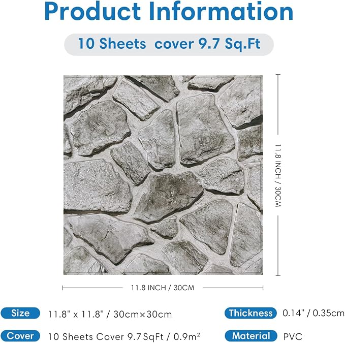 COMSTICKC 3D Peel and Stick Faux Stone Wall Panels for Quick DIY Wall Decor | Gray, 10 Pcs 11.8" x 11.8", Not Real Stone, Lightweight Thin PVC Decorative Tiles Wall Sticker Wallpaper, Cover 9.7 sq ft - Image 5