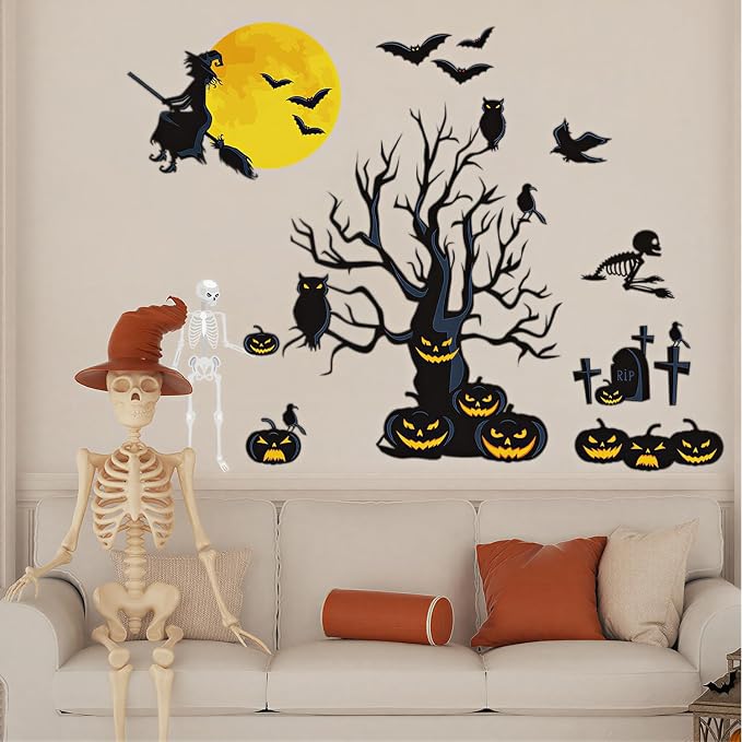 Halloween Wall Decals Large Spooky Dead Tree Pumpkin Wall Sticker Witch Flying to Moon Skeleton Bats Owl Graves Removable Vinyl Window Clings DIY Haunted House Holiday Home Party Decorations by THISFIND