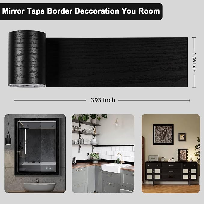 Alened 10M Black Mirror Border Peel and Stick, Wood Grain Wallpaper Border - Image 4