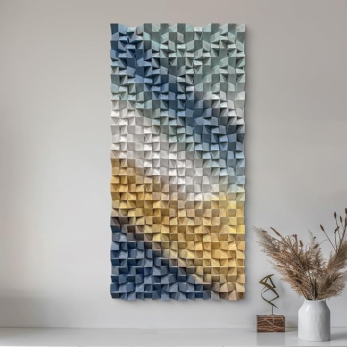 LIUZEYUE Layered Cube Relief, Large 3D Wood Wall Art, Large 3D Decor | textured wood wall art; slate blue and ivory, raised cube relief; living room tall-wall centerpiece; 27.6 x 55.1 in - Image 9
