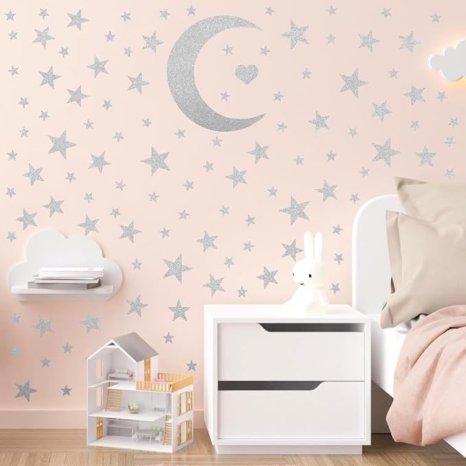 Star Wall Decals Silver Stars Moon Stickers Peel and Stick Celestial Decor | Star and moon decor, sparkle decal for walls, wall sticker, removable vinyl art mural, peel and stick, for kids baby bedroom - Image 9