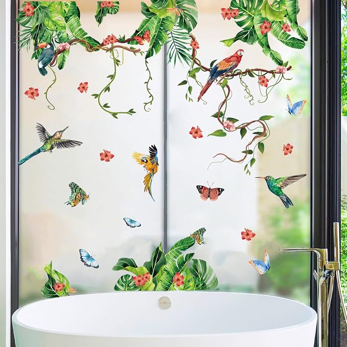 Tropical Green Leaves Window Decals Summer Hanging Vines Stickers for Glass | Anti collision for bird collision, double-sided, reusable,removable, peel and stick, for living room kitchen bathroom door by HATARU