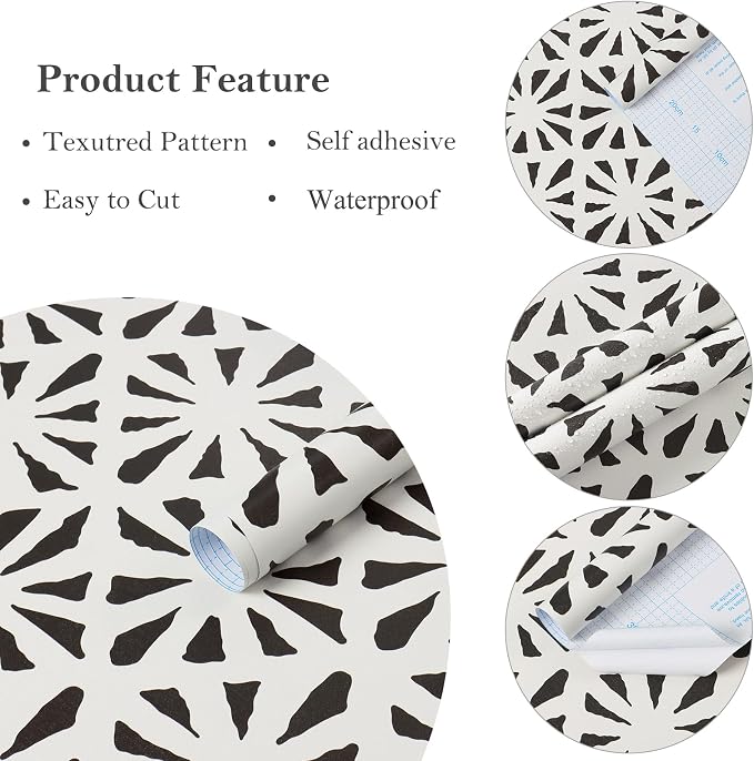 Ismoon Peel and Stick Wallpaper Boho Geometric Wallpaper Black and Beige Contact Paper 17.3'' x 393'' Removable Self-Adhesive Wall Paper Vintage for Cabinets Bathroom Bedroom Wall Decor - Image 2
