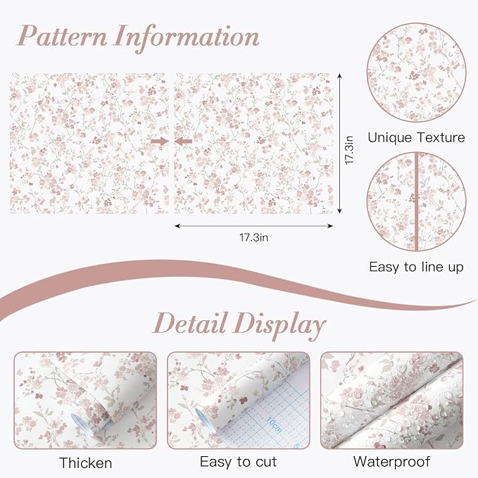 Peel and Stick Wallpaper for Nursery Pink Cherry Blossom Waterproof | 393"×17.3" Pink Floral Watercolor Wallpaper Gentle Accent Wall Decor with Grid Lines for Bedroom Vinyl Self-adhesive - Image 2