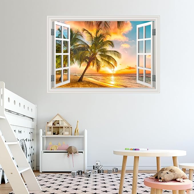 Fake Window Wall Decal- Summer Beach Ocean Coconut Trees Open Art Sticker | Faux Window Natural Scenery Landscape Mural ｜ Stick and Peel Wall Decals｜for Room Bedroom Office Scene Picture Decor｜24"x16" - Image 9
