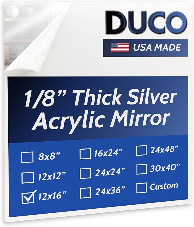 Duco USA-Made Acrylic Mirror Sheet 1/8 Inch Thick 12" x 16" (with Adhesives) - Pack of 1 Silver Frameless Plastic Mirror for Walls, Home Gyms, Bathrooms, & More - Shatter-Proof Mirrored Plexiglass by DucoPlasticsSupply