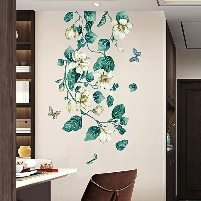 LiveGallery Removable Vinyl Fresh Green Leaf and White Flower Wall Sticker Murals Kids Girls Bedroom Nursery Rooms Wall Decals 3D Peel and Stick Decor for Home Living Room Offices Wall Corner - Image 4