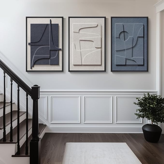 Large 3D Textured Framed Blue White Abstract Wall Art Set, 3 Piece 20x30 In | Solid wood frames, raised geometric reliefs, navy blue and ivory tones, modern wall decor for living room bedroom and office - Image 4
