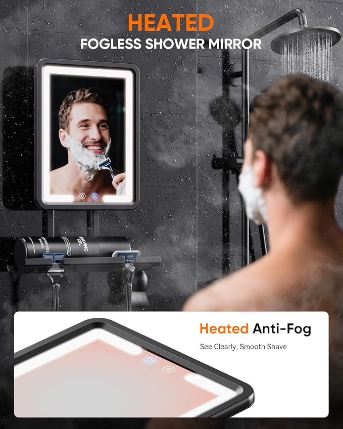 Heated Shower Mirror Fogless for Shaving (Gen 3) - 3 Colors Stepless Dimmable Lights, Anti-Fog Shaving Mirror with Razor Holder, No-Drilling, Removable - Black - Image 3