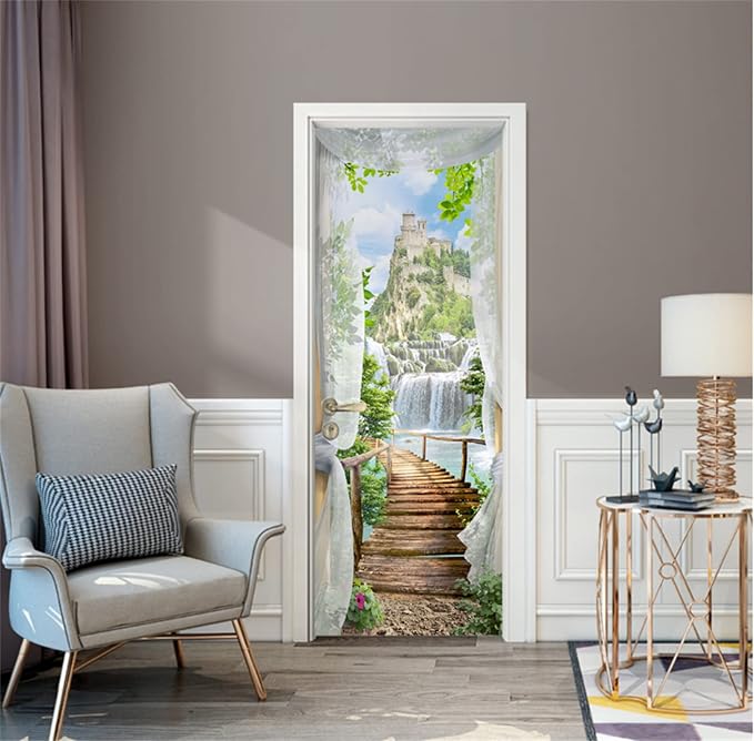 artfanke 3D Door Sticker Peel and Stick 30.3"x78.7"- View of The Castle Self-Adhesive Door Decal Murals Wallpaper for Home Decor(2 Sheets/Set) - Image 5