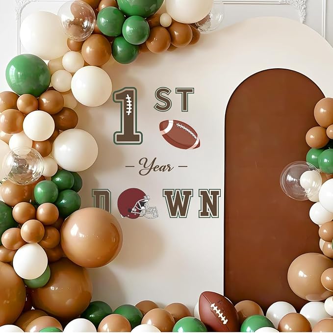 LHIUEM 1ST Year Down Birthday Decals Baby Boy One First Year Down Football Birthday Inspiration Stickers for Balloons Arch Backdrop Brown Green Football First Decal for Gift Centerpieces Baby Party - Image 4