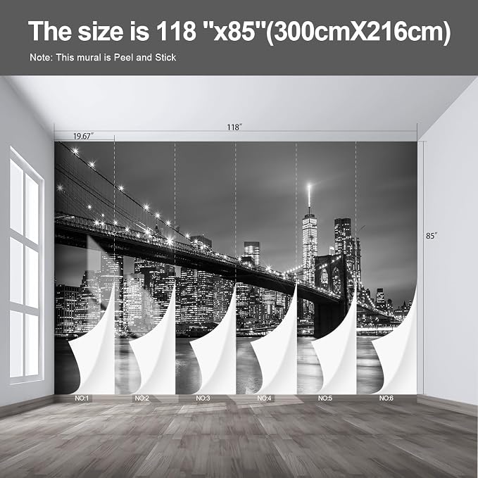 Gray Brooklyn Bridge at Night NYC wall murals new york Peel and Stick self Adhesive Wallpaper for Bedroom Living Room - 85"x118" - Image 2