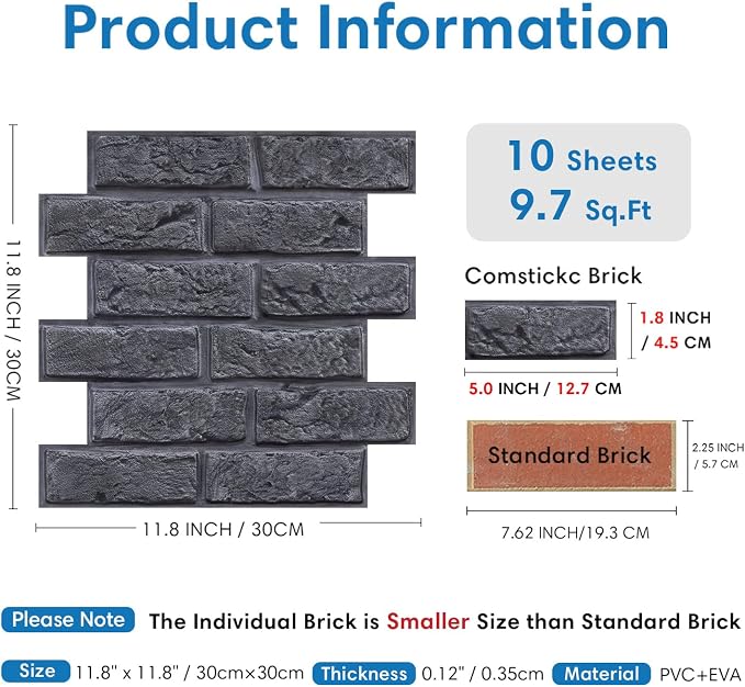 COMSTICKC 3D Faux Brick Wall Panels Peel and Stick, 10 Pcs 11.8" x 11.8" | Dark Gray, Not Real Brick, Small Size, Lightweight Thin PVC Wall Sticker Designed for Interior Wall Decor, Cover 9.7 sq ft - Image 5