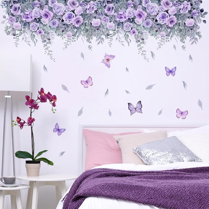 TUOKING Purple Rose Wall Stickers Removable Butterfly Wall Murals | Peel and Stick Wall Art Decal Home Decor for Kitchen,Bedroom,Living Room(MS2306) - Image 5