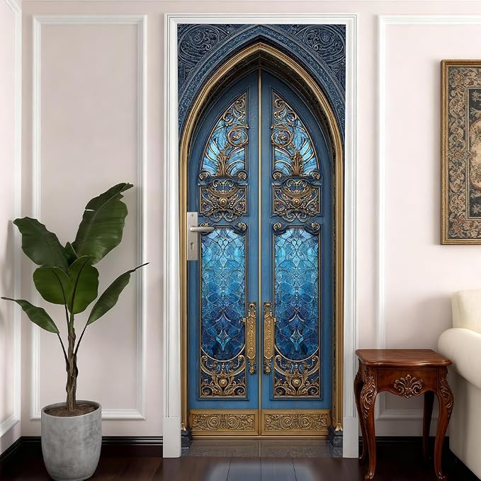 Gothic Door Mural, Blue Stained Glass Ornate Door Cover | Waterproof PVC, 30.3" W x 78.7" L; blue gothic glass design for entryway, bedroom, hallway, office or closet doors. - Image 6