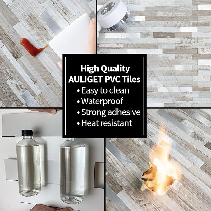 AULIGET 20 Sheets Peel and Stick Backsplash, Coffee & Brown Wood Look PVC Mixed Metal Stick on Backsplash Tiles for Kitchen - Image 5