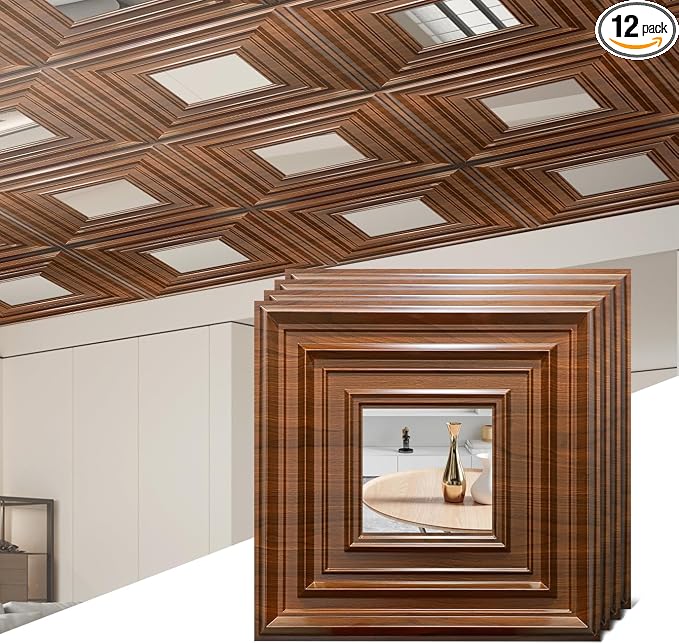 12 Pack PVC Ceiling Tiles 19.7"x19.7" – Silver Mirror & Wood Grain 3D Wall Panels for Wall and Ceiling Decoration,Cover 32.3 Sq.Ft – Waterproof,Lightweigh(Dark Brown, Silver) by Chejiaye