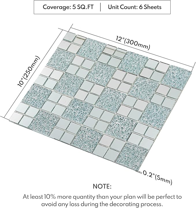 Lovdeco Mirror Peel and Stick Square Mosaic Tile for Kitchen Backsplash, 12" x 10", 6 Pieces, 5 SQ.FT. - Image 2