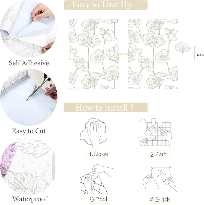 Orainege Beige and White Floral Wallpaper Modern Peel and Stick Wallpaper | 17.3inx196.8in Self Adhesive Contact Paper Decorative Wallpapers for Bedroom Bathroom Decor Vinyl Removable - Image 5