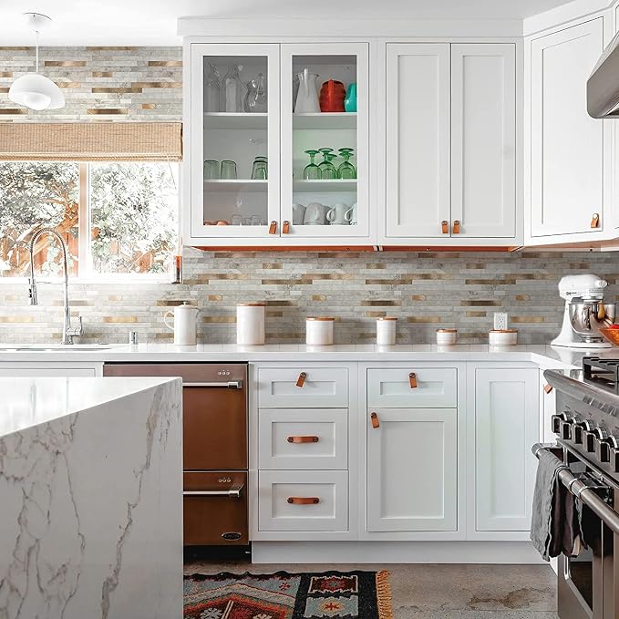 KASARO Peel and Stick Marble Backsplash Tile, 1-Sheet, Beige Marble with Vintage Golden Stripes, Self-Adhesive Aluminum Wall Tile for Kitchen, Bathroom, Fireplace, RV (11.4”x10.6”, 4mm Thick) - Image 2