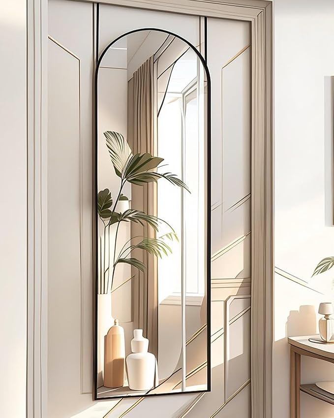 BEVERDY 14"x 48" Arched Vertical Wall Mirror, Black, Over The Door, Full Body, Hanging Door Mirror by BEVERDY