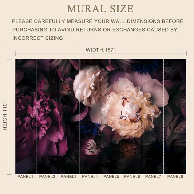 MFWFM Dark Floral Peel and Stick Wallpaper Peony Flowers Wall Murals | 157"x110", for Bedroom Living Room Bathroom, Self Adhesive Canvas - Image 4