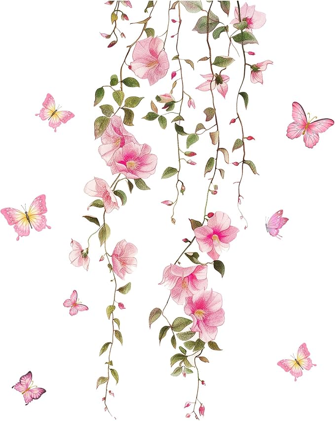 Spring Pink Flower Wall Decals Peel and Stick Hanging Vine Floral Wall Stickers Decor Removable Wall Murals for Girls Bedroom Living Room Nursery Vinyl Cherry Blossom Wallpaper - Image 8