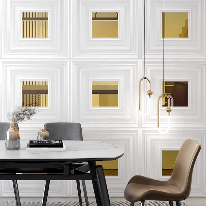 Chejiaye 12 Pack PVC Ceiling Tiles 19.7"x19.7" – Golden Mirror & White 3D Wall Panels for Wall and Ceiling Decoration,Cover 32.3 Sq.Ft – Waterproof,Lightweigh - Image 2