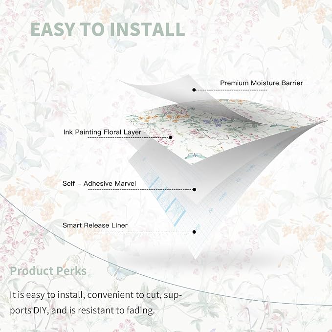 Dimoon 78.7"x17.3" Floral Wallpaper Beige Peel and Stick Wallpaper Cream Neutral Boho Contact Paper Botanical Wildflower Morden Cottage Renter Friendly Bathroom Flower Kitchen Self Adhesive Vinyl - Image 9