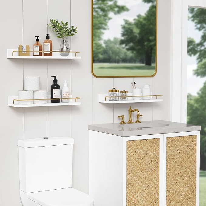 Forbena Gold Floating Shelves for Wall Decor Set of 3, Bathroom Shelves Over Toilet, Modern Display Wall Shelf with Guard Rail for Living Room Bedroom Organizers and Storage - White and Gold - Image 2